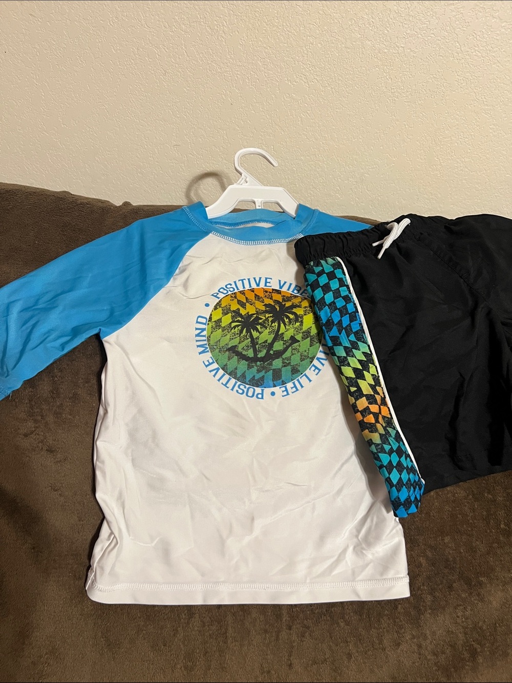 Boys Rash Guard Set with Blue Sleeves and Checker Swim Shorts
